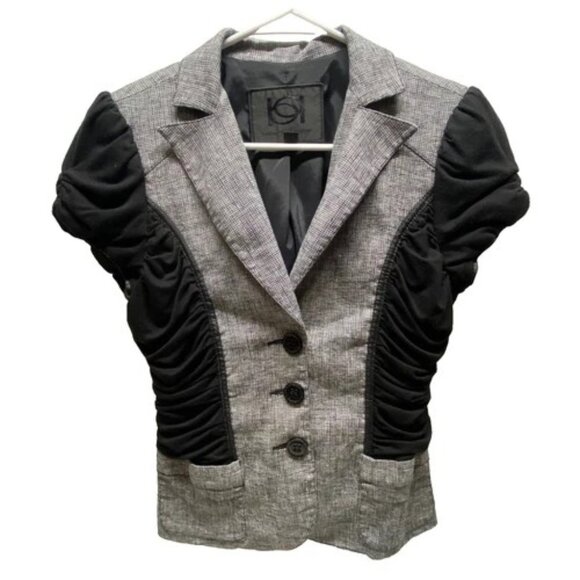 Y2K Bebe Blazer Blouse Women's 6 Black Gray Fitted Short Sleeve Button Front EUC - Picture 1 of 9